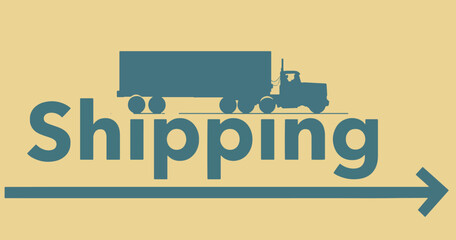A semi-tractor trailer is seen with the word shipping in a logo or lead art image that is a vector about shipping and trucking.