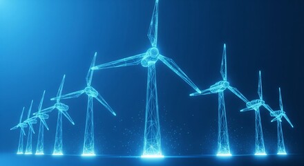 Digital wind turbine farm with glowing blue particle effect