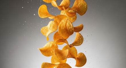 Crispy potato chips falling in a vertical stack against a grey background