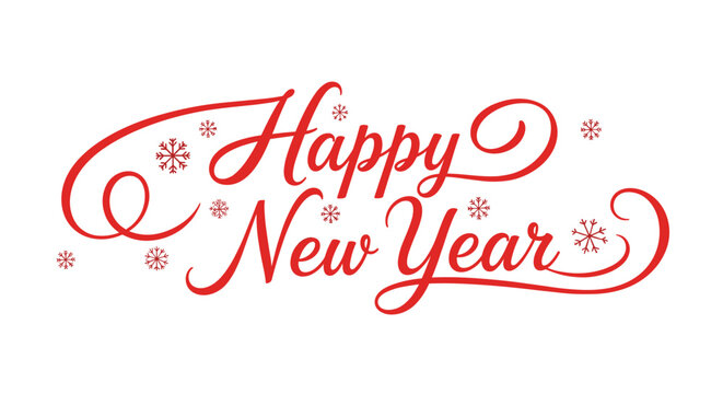 Vector New Year's red lettering - "Happy New Year!" in cursive with snowflakes, minimalist holiday quote isolated on white