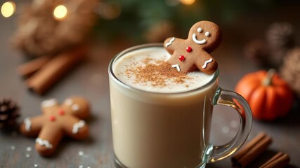 Close-up of drink with gingerbread man and cinnamon, creating warm cozy mood, representing holiday season, relaxation and winter comfort 
 - Powered by Adobe