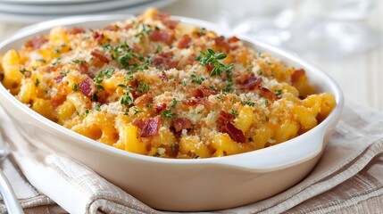 Homemade creamy baked aroni and cheese with crispy bacon toasted breadcrumbs and fresh green herbs served hot in a casserole dish for a hearty meal