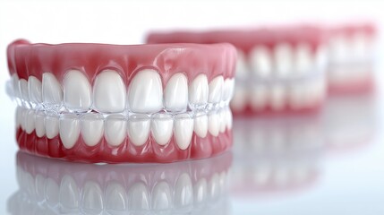 Fototapeta premium Close-up of dental models with clear aligners on white surface