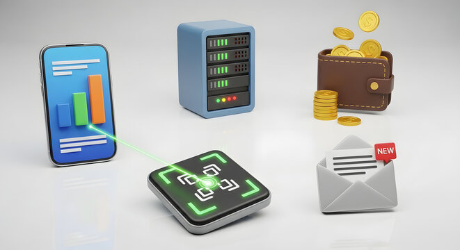 Digital business icons representing finance technology and communication.