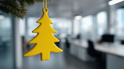 Yellow christmas tree ornament in modern office interior with blurred background