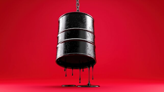 Hanging oil barrel dripping black liquid on red background