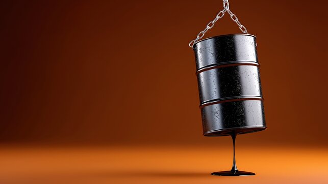 Oil barrel leaking crude on orange background with chain suspension