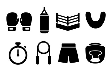 Boxing equipment icons: gloves, timer, ring, and more