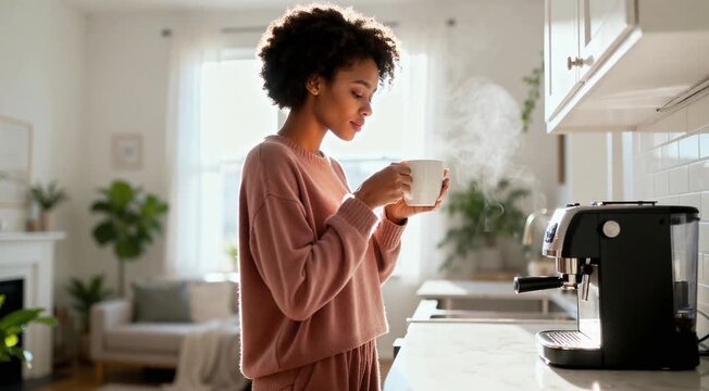 Woman Preparing Hot Coffee at Home in Bright Morning Kitchen