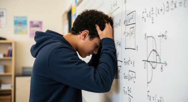 Stressed Student Struggling with Math Equations on Whiteboard - Powered by Adobe