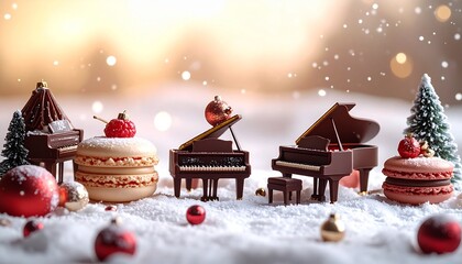 ミニチュアピアノとクリスマススイーツ / Miniature grand piano with festive macarons, ornaments, and bird figurine in holiday scene
