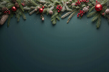 christmas border with pine branches and red and gold ornaments template banner on dark green background
