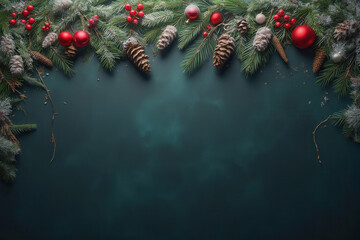 christmas border with pine branches and red and gold ornaments template banner on dark green background