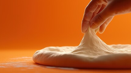 Hand stretching dough on orange background