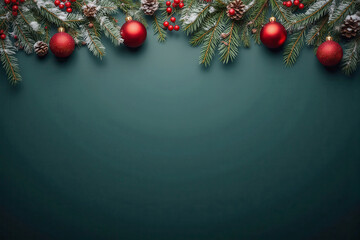 christmas border with pine branches and red and gold ornaments template banner on dark green background