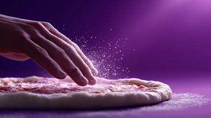 Caucasian hand sprinkling flour on pizza dough under purple light