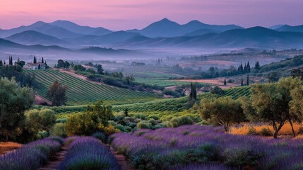 Vibrant lavender fields and green vineyards under a tranquil sunrise sky with misty mountains in a beautiful rural landscape