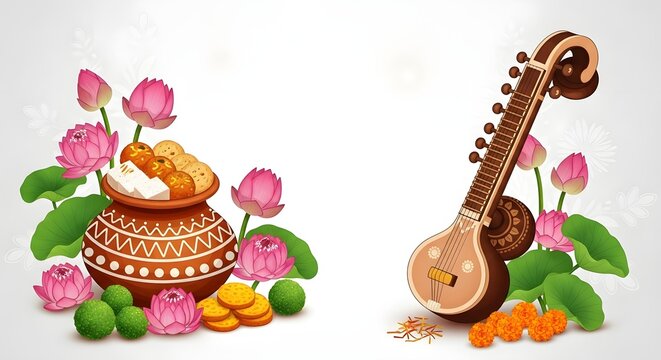 Indian festival decoration with kalash and veena instrument