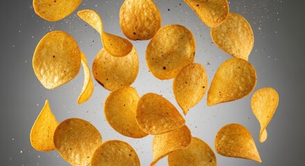 Crispy potato chips falling and floating in mid air against a gradient background