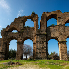 The Theatre and Aqueducts of the Ancient City of Aspendos is located in Southern Turkey, in the ancient Pamphylia region by the Eurymedon (K&ouml;pr&uuml;&ccedil;ay) river. The acropolis lies about 60 m. above sea 