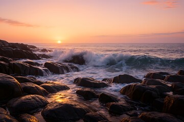 Obraz premium Sunset Waves Crashing on Rocks