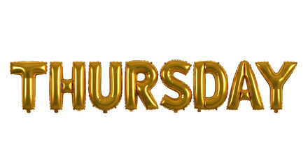 Golden foil balloons spelling out the word THURSDAY on a black background thursday day of the week isolated on a transparent background