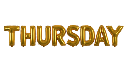 Golden foil balloons spelling out the word THURSDAY on a black background thursday day of the week isolated on a transparent background