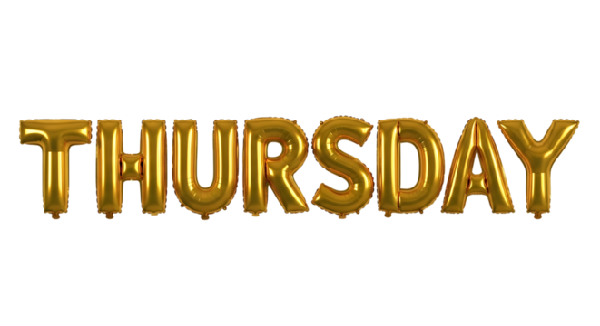 Golden foil balloons spelling out the word THURSDAY on a black background thursday day of the week isolated on a transparent background