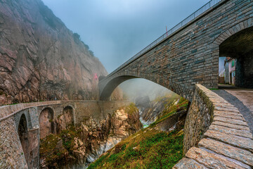 View of the Devil's Bridge in the Alps near Andermatt in Switzerland.