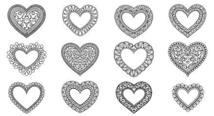 Collection of decorative heart outlines with intricate lace-like borders and patterns.