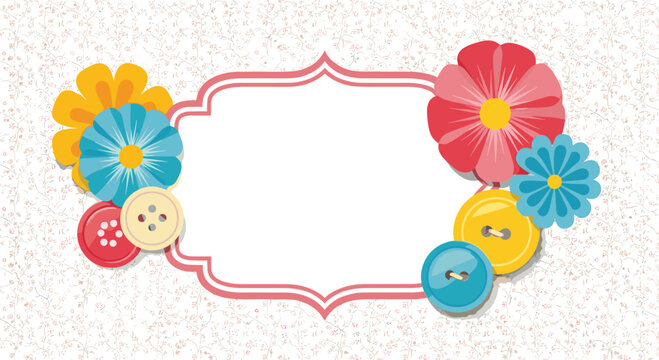 Decorative frame with colorful flowers and buttons on a textured background.
