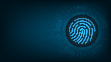 Fingerprint icon on a futuristic circuit board background. Cybersecurity and personal data protection concept. Identity, biometric, scan and privacy. Vector illustration.