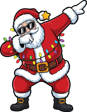 Cool santa claus dabbing with sunglasses and festive string lights.