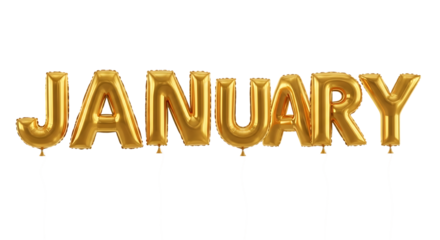 Golden Balloons Spell Out January Against Black Background shiny isolated on a transparent background