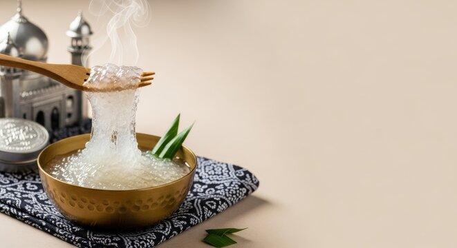 Ultra-Realistic Bruneian Ambuyat &ndash; Glossy Sticky Sago Starch Twirled on Candas in Brass Bowl, Kain Tenunan Textile, Silver Tepak Sireh & Mosque Dome Fragment