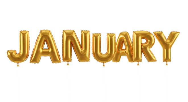 Golden Balloons Spell Out January Against Black Background shiny isolated on a transparent background