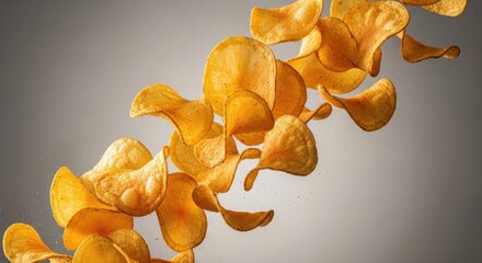 Crispy potato chips falling and floating against a neutral background