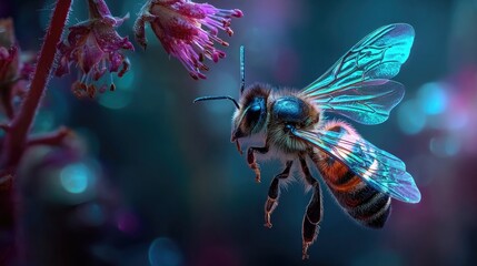 Macro bee wings with neon edge highlights, detailed close-up with vibrant reflections in surreal luminous environment