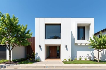 Modern minimalist architecture home suburban neighborhood exterior view bright day contemporary design aesthetic