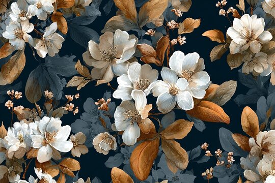 Chic and elegant flower pattern with white flowers with muted and brown leaves on navy background