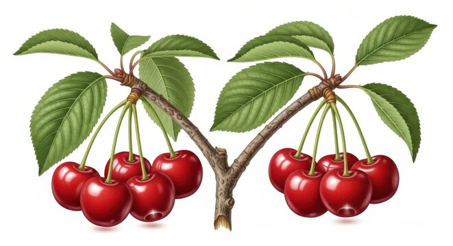 Ripe red cherries hanging from a branch with green leaves - Powered by Adobe