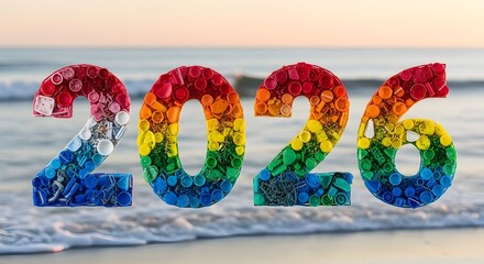 Colorful flip flops on the beach with a view of the ocean and the global nature landscape, reflecting the spring color of travel