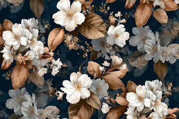 Fototapeta premium Chic and elegant flower pattern with white flowers with muted and brown leaves on navy background