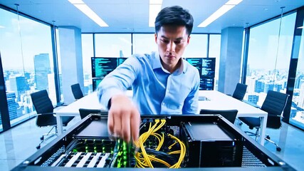 A technician in a server room examines hardware, with cables, lights and other equipment visible - Powered by Adobe
