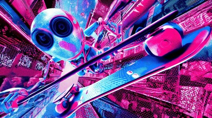 A character with large circular eyes and a metallic body rides a skateboard through a dynamic, abstract environment.