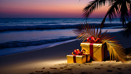 Elegantly wrapped holiday gifts under decorated palm tree at serene twilight - tropical beach scene