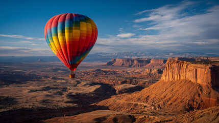 Obraz premium colourful hot air balloon flying over a rocky canyon, clear blue sky