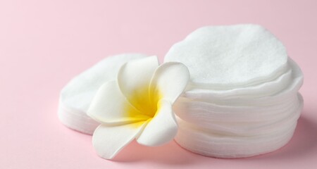 Clean cotton pads and plumeria flower on pink background, closeup