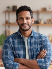 Obraz premium headshot portrait of attractive confident indian hispanic man with toothy smile looking at camera at modern living room latin businessman posing in casual stylish look at home office no logos no bran