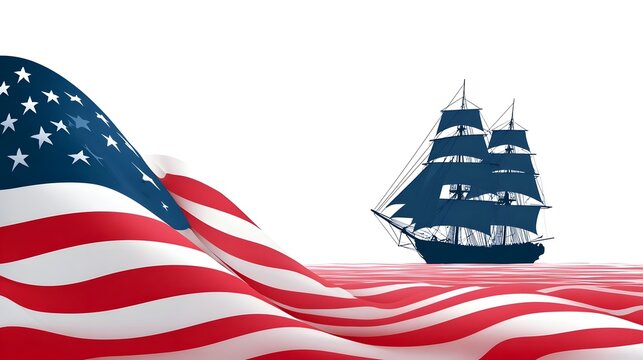 An ic interpretation features a dynamic waving American flag forming a water like base for a classic sailing ship silhouette against a plain white background